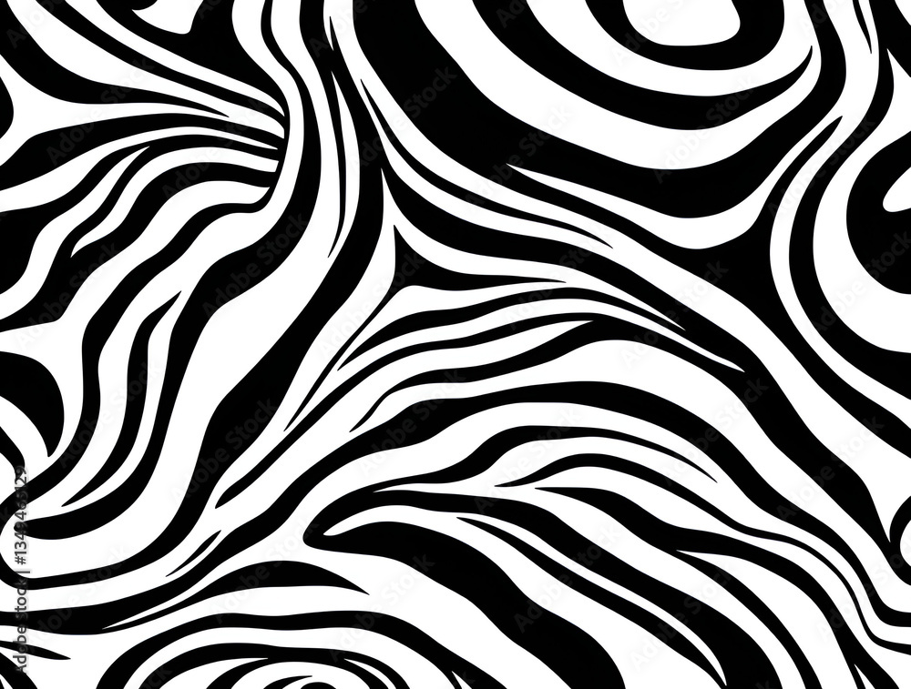 Abstract black and white zebra pattern with wavy lines and organic shapes creating a seamless animal print background, perfect for textile design, wallpaper, or modern graphic elements in fashion Abstract black and white zebra pattern with wavy lines and organic shapes creating a seamless animal print background, perfect for textile design, wallpaper, or modern graphic elements in fashion