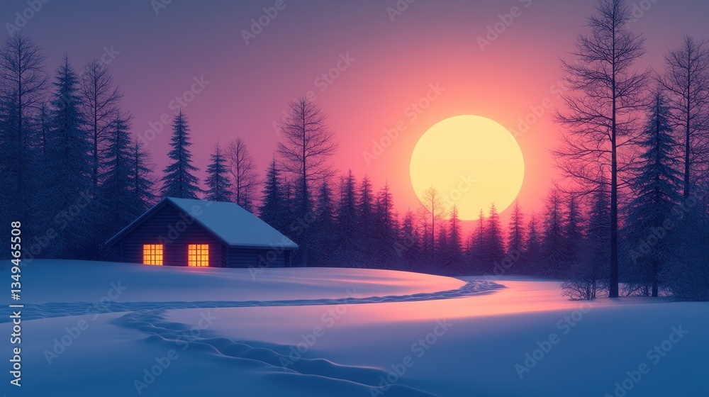 Obraz premium Winter cabin sunset snowy forest path