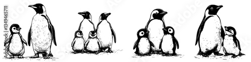 Penguins interacting in groups at a cold habitat during daylight, showcasing family bonds and playful behavior