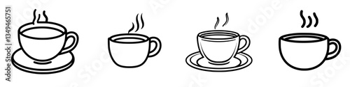 Various steaming cups of coffee illustrated in a minimalist style showcasing different shapes and sizes of mugs often used for beverages