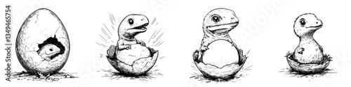 Hatchling dinosaur emerging from egg with stages of development in a whimsical black and white illustration