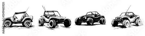 Different styles of off-road vehicles displayed with distinct designs in a creative illustration