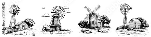 Collection of vintage windmills and rustic barns in a countryside landscape with trees and clouds