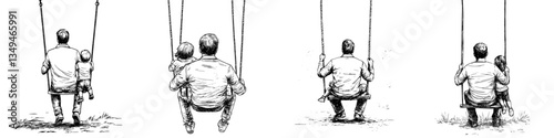 Father and child sharing moments on swings through different stages of growth in a serene park setting