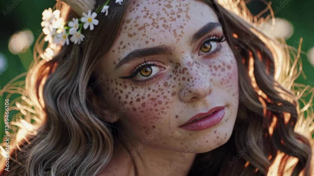 cinematic close-up of a mystical forest nymph with delicate deer-like features, resting in a field of wildflowers. Her large, golden eyes glisten with curiosity as sunlight filters through the leaves cinematic close-up of a mystical forest nymph with delicate deer-like features, resting in a field of wildflowers. Her large, golden eyes glisten with curiosity as sunlight filters through the leaves