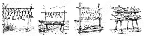 Fish drying racks along the coastline showcase traditional techniques in a seaside environment