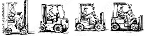 Forklift operators demonstrating various maneuvers in a warehouse setting during daylight hours
