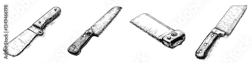 Variety of kitchen knives and tools for culinary tasks displayed on a white background