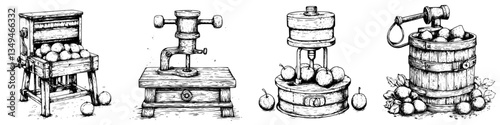 Traditional fruit pressing equipment displayed in vintage style, showcasing techniques for juice extraction and preservation