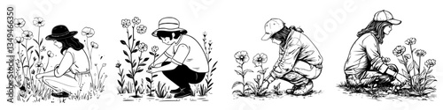 Gardening activities featuring individuals tending to flowers in various poses and settings during daylight hours
