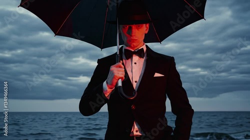 cinematic mid-shot of a mysterious figure standing on a desolate shoreline at twilight, dressed in a vintage black suit, complete with a bow tie and a fedora. 