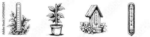 Decorative vintage thermometers and plants displayed in a natural setting highlighting garden aesthetics and home decor