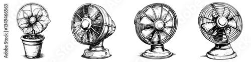 Unique illustrations of different fan designs and a flower pot display creativity and vintage style in a black and white format