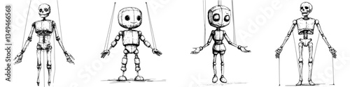 Artistic representation of four unique puppets showcasing diverse designs, reflecting creativity and craftsmanship in puppet-making