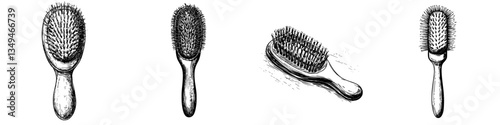 Various styles of hairbrushes displayed from different angles in simple black and white illustrations