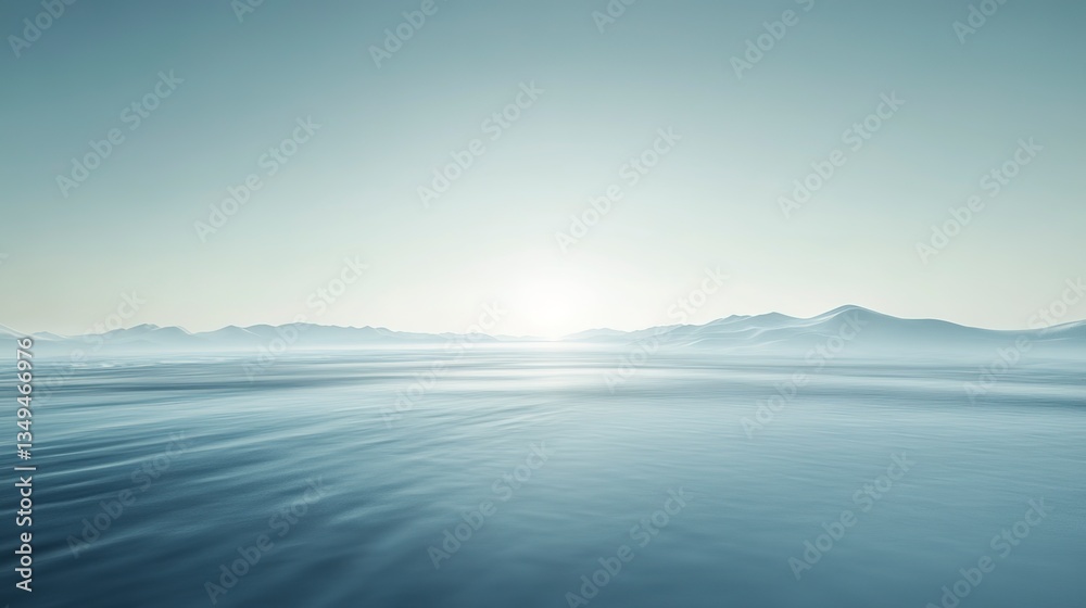 Fototapeta premium Serene Arctic Landscape Under A Soft, Pale Sunrise, Vast Expanse Of Snow And Distant Mountains In Tranquil Icy Blue Tones