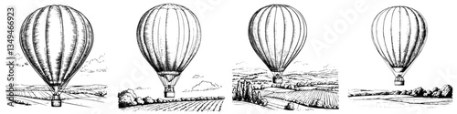 Hot air balloons rising over a picturesque landscape during a clear day with rolling hills and gentle clouds