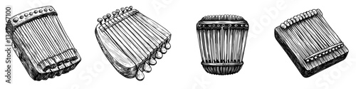 Different types of kalimbas displayed in a creative arrangement showcasing their unique designs and shapes