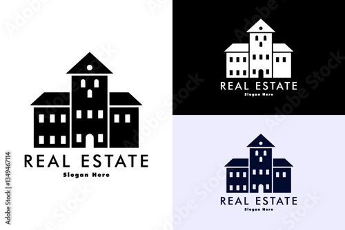 silhouette hotel building tower, icon, and vector logo for historical place, ancient, tourism, vacation, property agency, builders, apartment, flat, construction, real estate and more