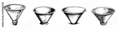 Different styles of funnels displayed in a sequence showcasing unique designs and materials commonly used in kitchens and laboratories
