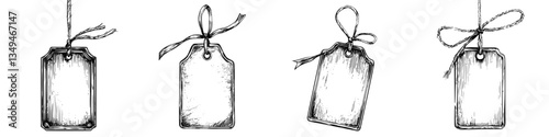 Blank tags on strings for crafting, decorating, or labeling in simple design
