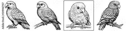 Detailed illustrations of various bird species perched on branches in natural habitat