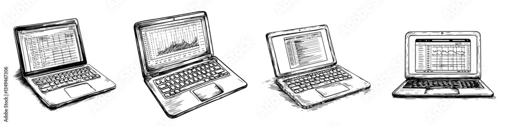 Multiple laptops displaying various charts and data analysis on screens in a digital workspace environment Multiple laptops displaying various charts and data analysis on screens in a digital workspace environment
