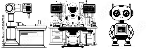 Robotic workstation featuring industrial robot, humanoid assistant, and friendly companion robot in a modern laboratory