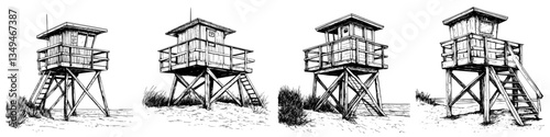 Lifeguard towers along the sandy beach showcase safety and summer leisure during a sunny day at the coast