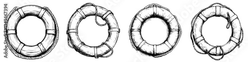 Different styles of lifebuoys displayed on a white background highlighting safety equipment designs