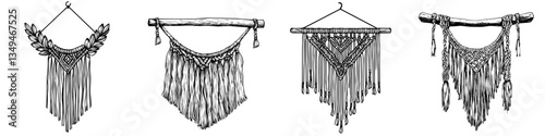 Decorative wall hangings showcasing intricate macrame designs in a neutral color palette