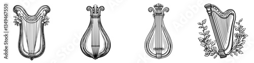 Engravings of different harp designs showcasing elegant shapes and intricate details in a vintage style