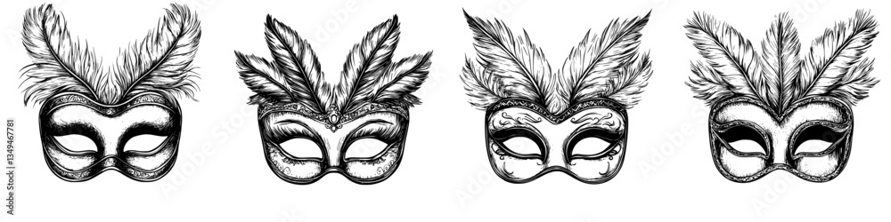 Intricate feathered masks adorned for a festive celebration highlighting creativity and artistry in costume design Intricate feathered masks adorned for a festive celebration highlighting creativity and artistry in costume design