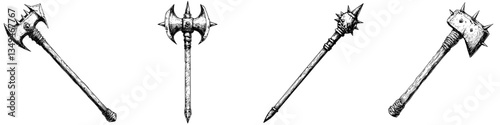 Various medieval weapon designs displayed artistically, showcasing axes and maces with intricate details and textures