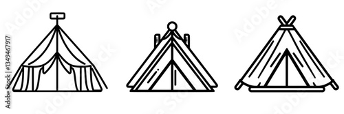 Various styles of camping tents displayed in simple designs showcasing outdoor camping options in nature settings