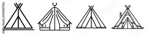 Various tent designs displayed, showcasing different styles of portable shelters often used in camping and outdoor activities