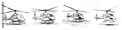 Different perspectives of a helicopter taking off and landing at a busy airport during daylight hours