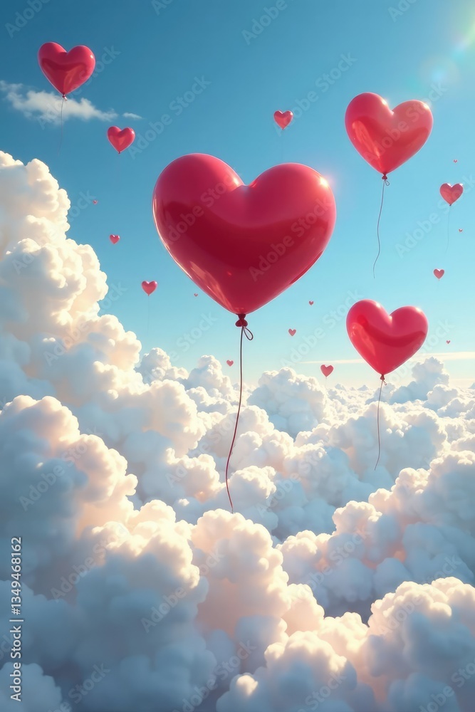 Heart-filled clouds drifting in the air with balloons, cloud, peaceful Heart-filled clouds drifting in the air with balloons, cloud, peaceful