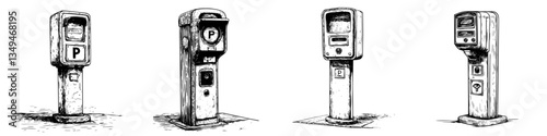 Different styles of parking meters displayed in a urban street setting showcasing various designs and eras of parking technology