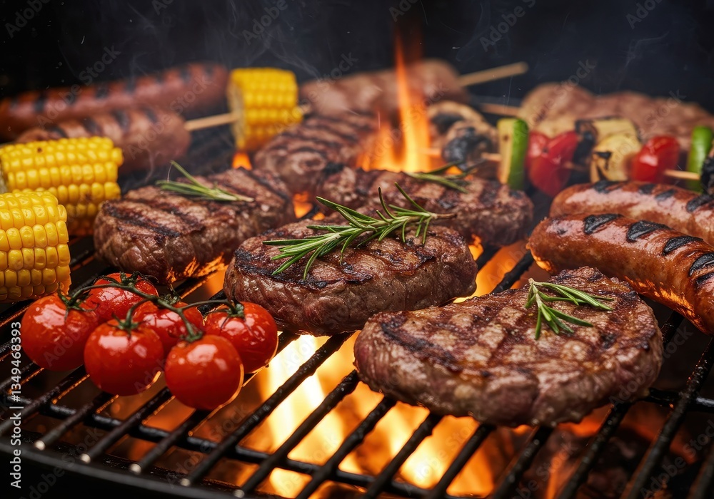 A close-up of a barbecue grill filled with sizzling steaks, skewered meat and vegetables and sausages over open flames A close-up of a barbecue grill filled with sizzling steaks, skewered meat and vegetables and sausages over open flames