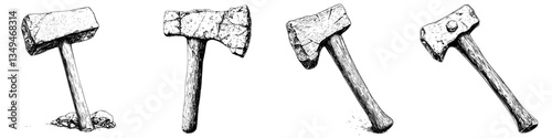 Different styles of axes displayed on a white background showcasing craftsmanship and design variations in tools