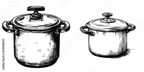 Cookware pots drawn in simple black and white showing distinctive shapes and sizes, perfect for culinary artwork or kitchen decor