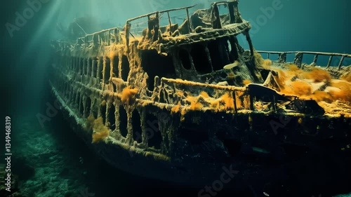 Sunken shipwreck covered in coral and seaweed resting on ocean floor with rays of sunlight and small fish swimming around. Concept of maritime mystery and underwater exploration
