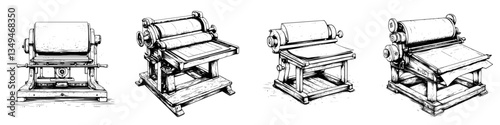 Various types of vintage printing presses displayed in different stages of operation and design showcasing historical printing technology