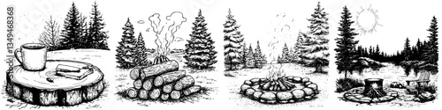 Campsite activities with coffee, campfires, and nature in a serene forest setting during daytime