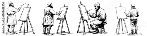 Artistic process of a painter creating on canvas in a studio setting during the day