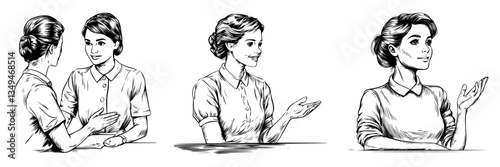 Women engaged in conversation and expression in a casual setting with thoughtful gestures and smiles