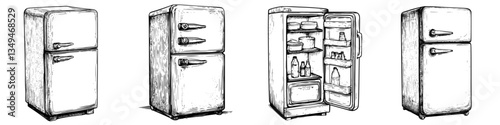 Vintage refrigerator collection showcasing four distinct styles and features from various angles