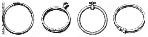Different styles of ring designs displayed in a row, showcasing intricate details and variations in shape and fastening methods