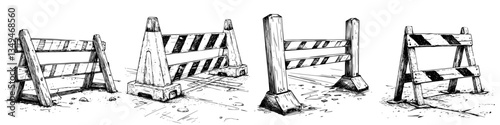 Construction barriers lined up on a street during roadwork in an urban area in broad daylight
